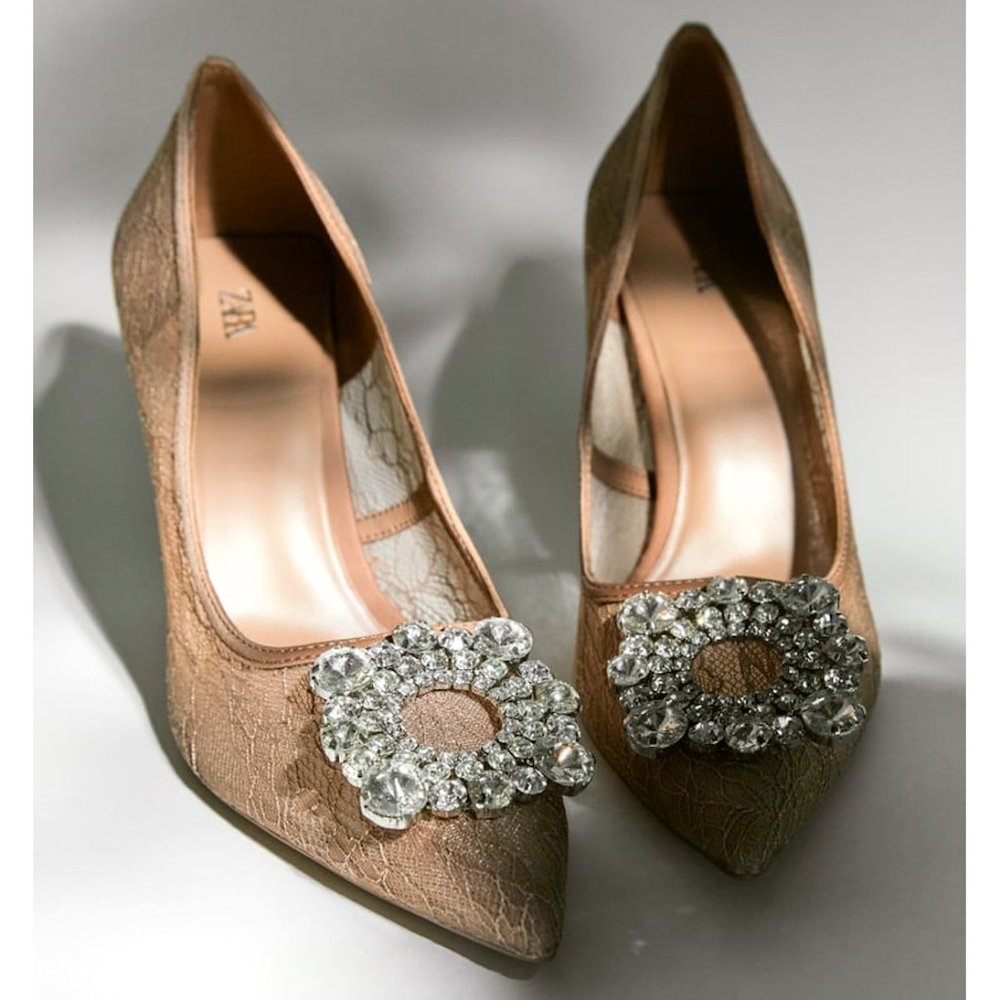 Zara Beige Lace Embellished High Heeled Shoes Sz 10 NWT - Picture 3 of 14